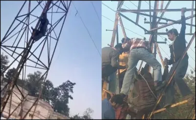 लालकुआं   विद्युत टावर पर चढ़ी महिला  उतरवाने में पुलिसकर्मियों के छूटे पसीने